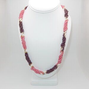 Vintage Beaded Necklace / Spiral Rope - Seed Beads / Pink, Purple, White / 23" L